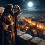 biblical watchman is standing on the city wall of ancient Jerusalem in Bible times. The watch...jpeg